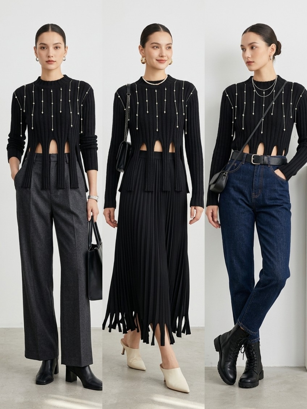 Zara Black Ribbed Pearl-Embellished Cutout Hem Sweater - Picture 3 of 8
